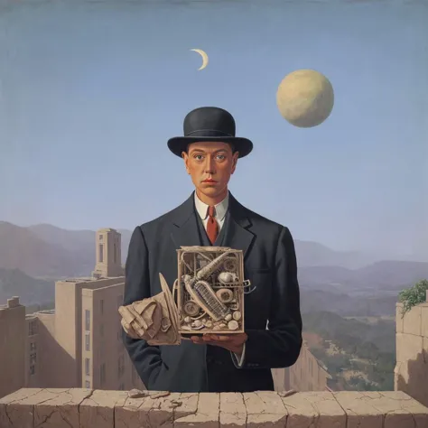 arafed image of a man in a suit and hat holding a box