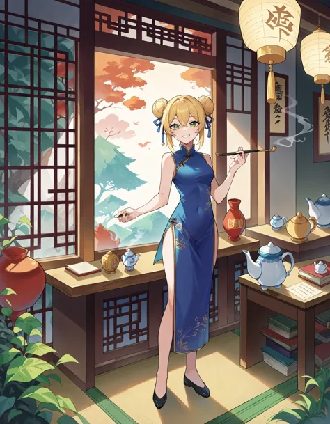 anime girl in a blue dress smoking a cigarette in a room