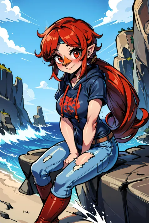 <lora:medli_v1:0.7>, medli, 1boy, bird, looking at viewer, red hair, solo focus, (((sfw))), shy, smile, blushing, rocky beach, sea, brown rocks, siting, mature, adult, ((black short-sleeved hoodie, blue jeans)), large breasts,