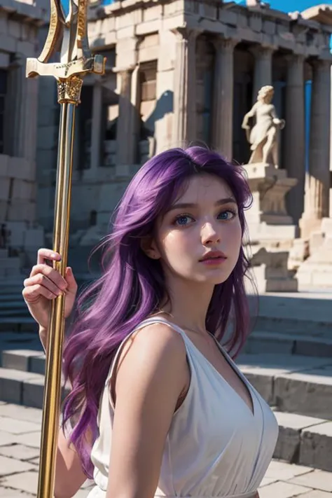 a woman with purple hair holding a golden pole in front of a building