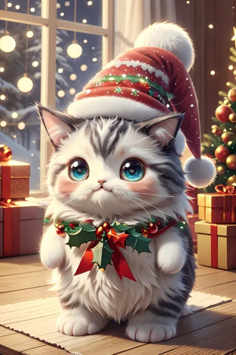 masterpiece, best quality, original, official art,ral-chrcrts, a cute cat with a christmas hat and a christmas decoration, <lora...