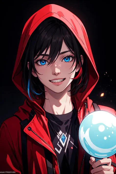 solo, brown hair, black hair, 1boy, jacket, male focus, red robes, hood down, staff, magic, four point perspective, masterpiece, official art,  LimitBreakStyler NeonLighting PA7_Portrait-CU PoltergeistLooks