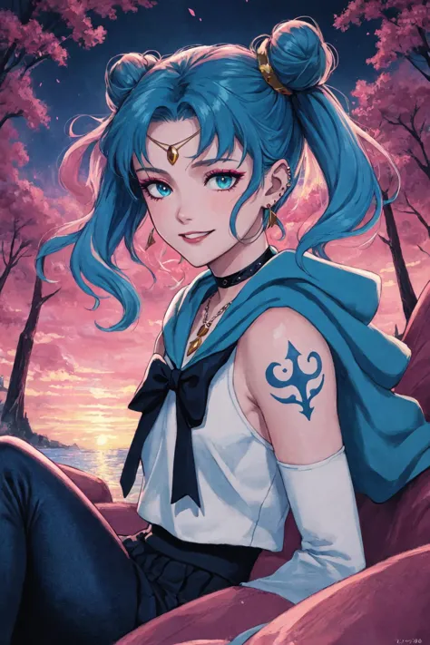 a girl with blue hair and a blue cape sitting on a rock