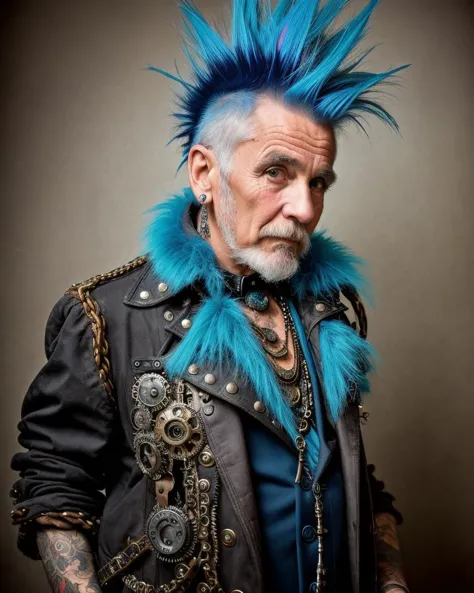 a man with blue hair and a leather jacket with chains