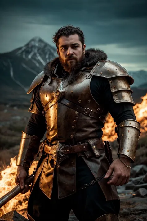 a man in armor standing in front of a fire