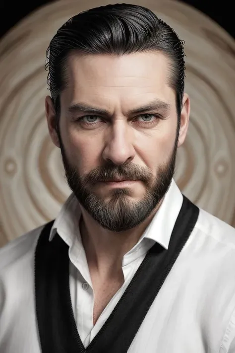 a man with a (slicked-back hair:1.3) wearing a black vest (and long sleeved white shirt:1.2), inside a wood hosue, (full:1.2) (long:0.5) (squarish:1.2) big (beard:1.2), devilish (confident looking down:1.2), (a shad0wmancer circle of swirling black ink magic filament thread:1.3) is around his body, 4k uhd, dslr, soft light, high quality, Fujifilm XT3 <