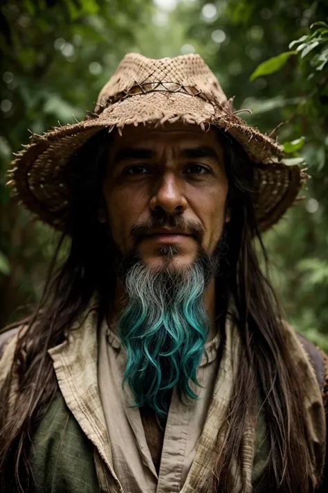 arafed man with long hair and a hat with blue hair