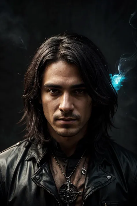 a close up of a man with long hair and a leather jacket