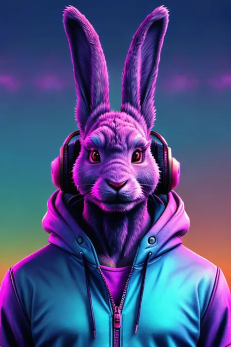 un lapin-garou anthropologique réaliste,  et minimaliste, synthwave