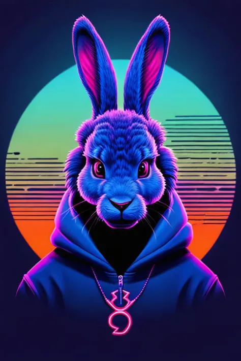 a realistic anthro wererabbit, lonely and minimalist, Synthwave