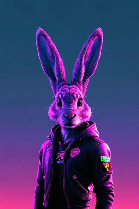 a realistic anthro wererabbit, lonely and minimalist, Synthwave