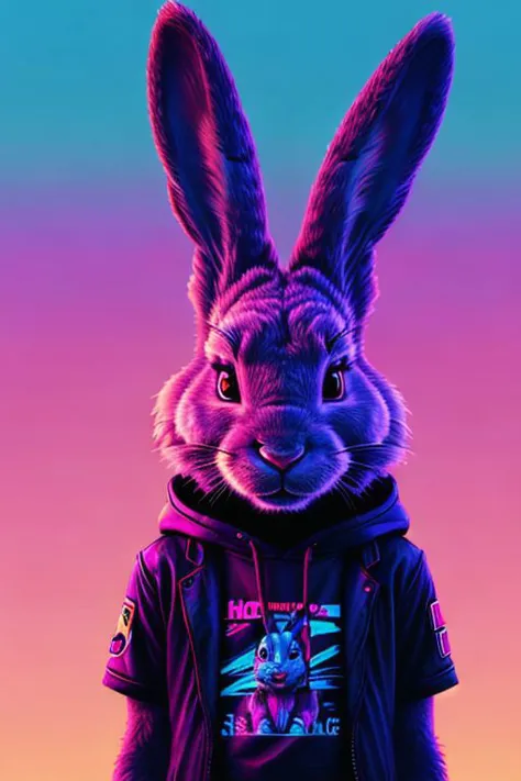 a realistic anthro wererabbit, lonely and minimalist, Synthwave