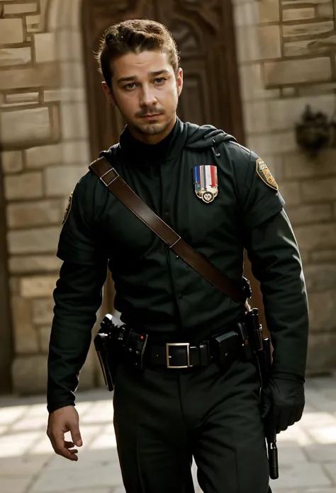 a close up of a man in uniform holding a gun