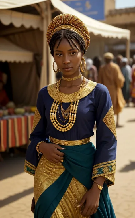 a woman in a blue and gold dress standing in front of a tent