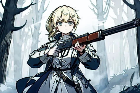 highres, highest quallity, 1girl, adult, solo, solo_focus, platinum blonde hair, blonde_eyes, ponytail, hairpin, solo_focus, arknights, white_theme, dust, smoke, fog, holding weapon, trigger discipline, dark,, coat, leveraction, antique firearm, holding weapon, trigger discipline, forest