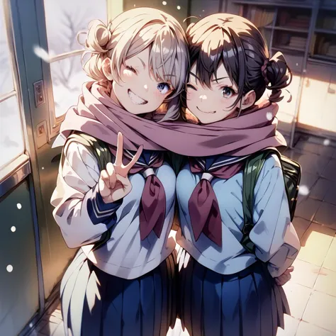 anime image of two girls hugging each other in a courtyard