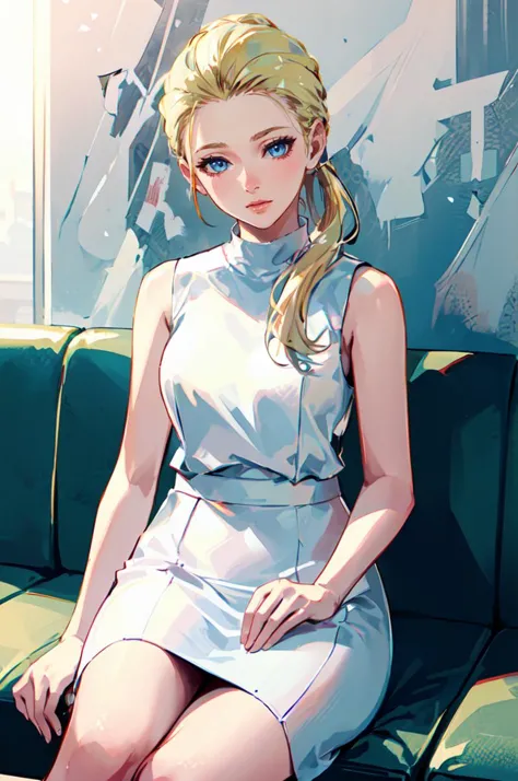 ultra detailed, masterpiece, best quality,
 <lora:DChloe:0.7> DChloe, blue eyes, blonde hair, ponytail, long hair, dress, white dress, sleeveless, sleeveless dress, pencil skirt, tube dress, hands on lap,