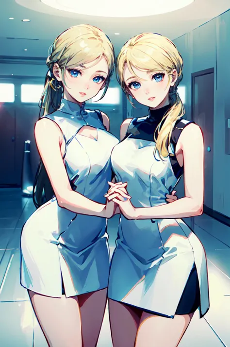 ultra detailed, masterpiece, best quality,
 <lora:DChloe:0.7> DChloe, blue eyes, blonde hair, ponytail, long hair, dress, white dress, sleeveless, sleeveless dress, pencil skirt, tube dress, light smile, parted lips, facing viewer, head tilt, interlocked fingers,