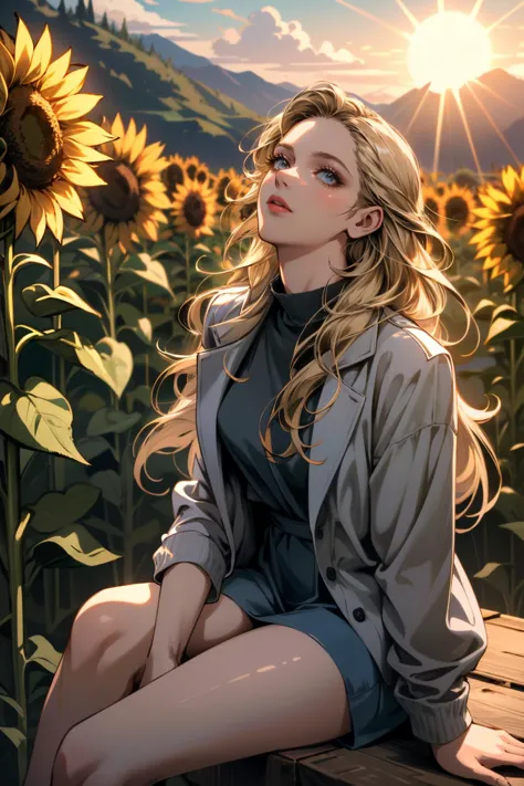 a woman sitting on a bench in a field of sunflowers