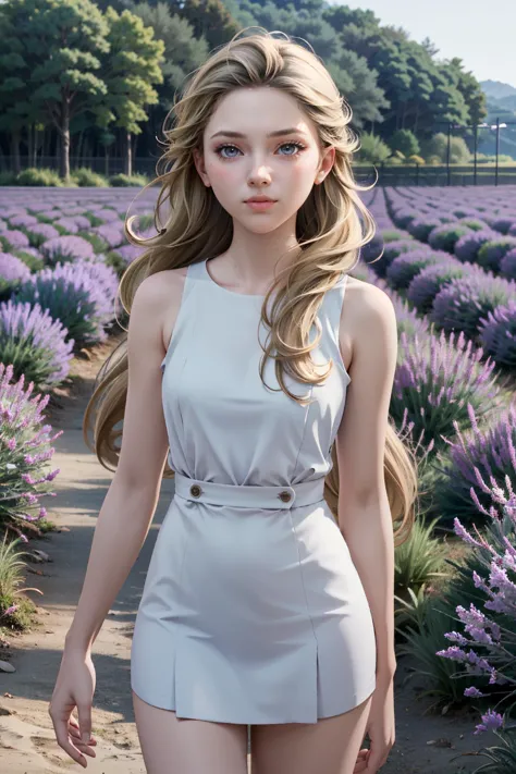 a woman in a white dress standing in a field of flowers