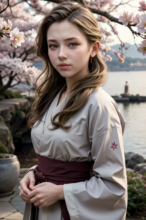 a close up of a woman in a kimono standing near a tree