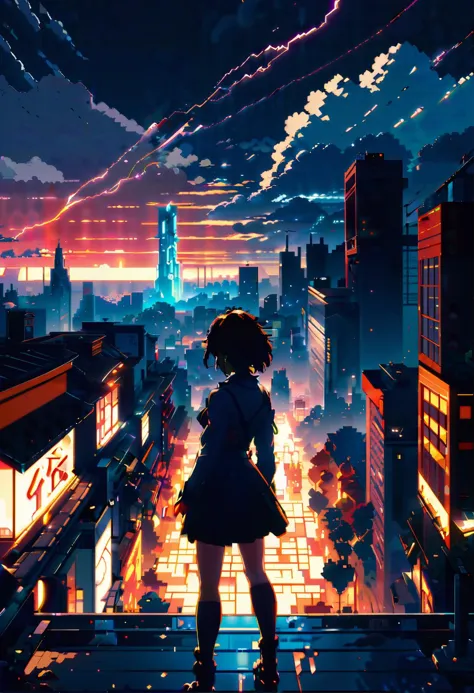 pixel-art anime key visual, city with Yew, American Expressionism, masterpiece,1girl, Thunderstorm, Angry, Beautifully Lit, two ...