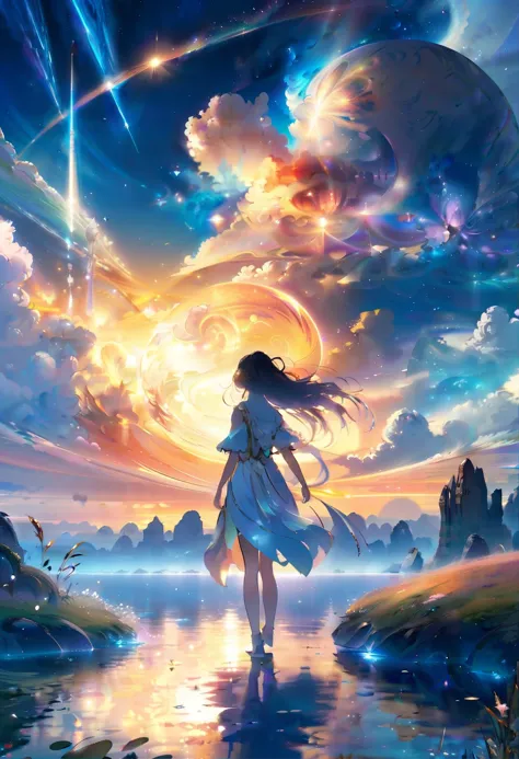 霊妙な fantasy concept art of  anime key visual, 面白い, 傑作の風景,1人の女の子, クエーサー, 宇宙と葦, かすんだ状態, 楽しげ, 叫びのスタイルで . 壮大, 天体の, 霊妙な, 絵画的な, すごい, 雄大な, 魔法の, ファンタジーアート, カバーアート, 夢のような