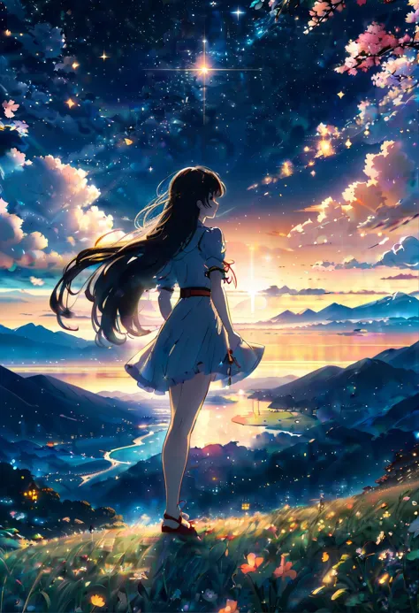 comic anime key visual, intricate background, masterpiece,1girl, Stars in the sky, soft focus, Peaceful, Pixiecore, back-light, ...