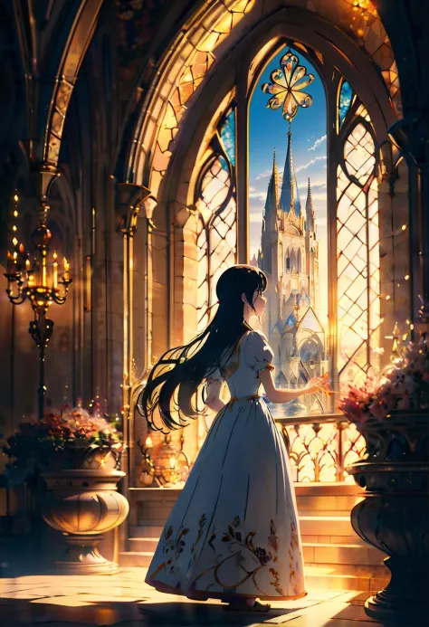 fairy tale anime key visual, New Wave Art, landscape of a masterpiece,1girl, from inside of a Notre-Dame Cathedral, warm dungeon...