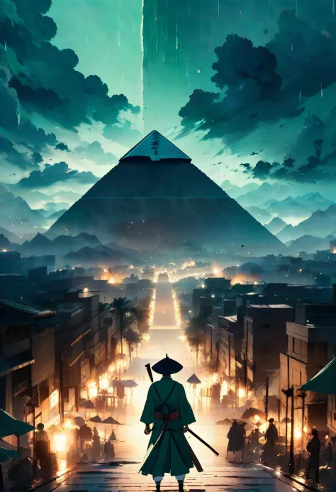 visuel clé de l&#39;anime, Meilleure qualité, paysage d&#39;un chef-d&#39;œuvre, de l&#39;intérieur d&#39;une grande pyramide de Gizeh, Montagnes des samouraïs, rue dense, il pleut, pleurs, behance, pâte, F/14, Amaro, Explosions vert menthe