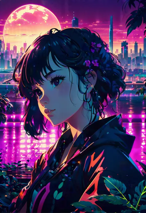 neonpunk style anime key visual, landscape of a masterpiece,1girl, and Mennonite Leaf, intricate background, at Dusk, Suffering,...