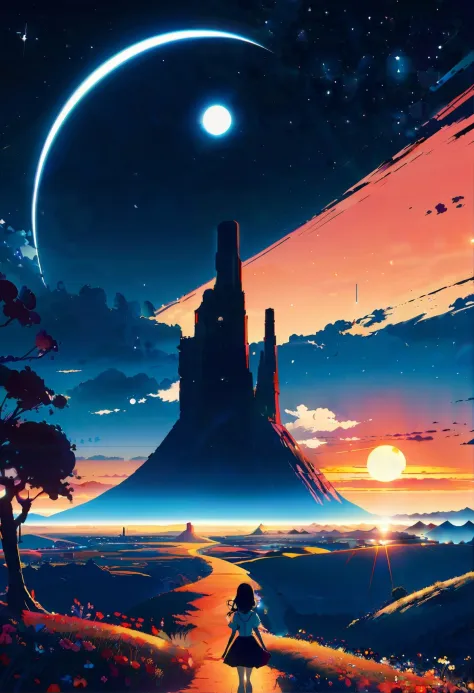 visuel clé de l&#39;anime, paysage d&#39;un chef-d&#39;œuvre,1fille, et Monument Valley, conte de fées, Lune dans la nuit, Joyeux, punk d&#39;entreprise, reflet, F/8, Couleurs primaires