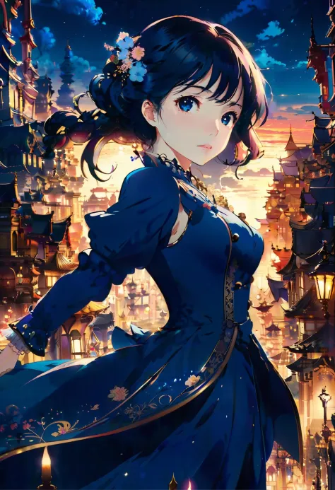 fairy tale anime key visual, close-up shot of a masterpiece,1girl, Bishop, wearing Funky Formal attire, Looking over the shoulde...