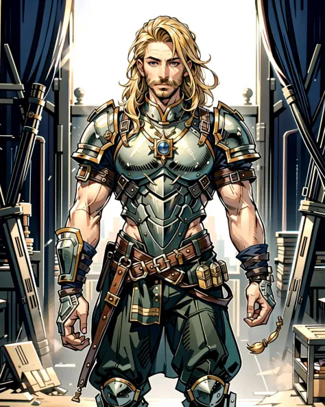 ((masterpiece), best quality, high quality, professional quality, highly detailed, highres, perfect lighting, natural lighting), (1boy, muscular, handsome, mustache, medium length hair, blonde hair), wearing armor, casting a spell, in a fantasy town