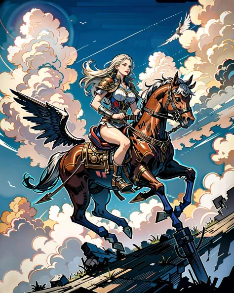 ((masterpiece), best quality, high quality, professional quality, highly detailed, highres, perfect lighting, natural lighting), pegasus, galloping, on clouds