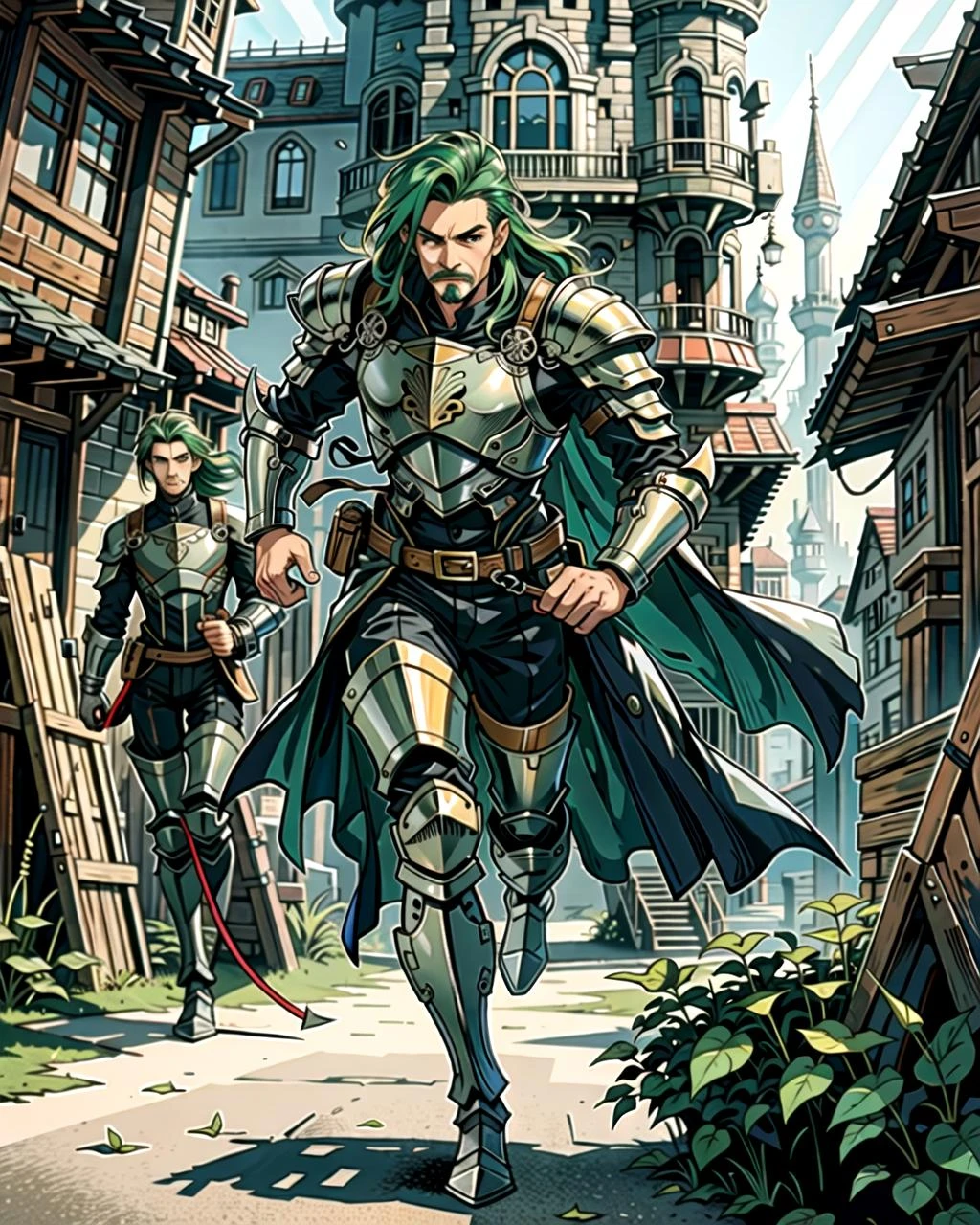 ((masterpiece), best quality, high quality, professional quality, highly detailed, highres, perfect lighting, natural lighting), (1boy, slender, handsome, mustache, medium length hair, green hair), wearing armor, running, in a fantasy town