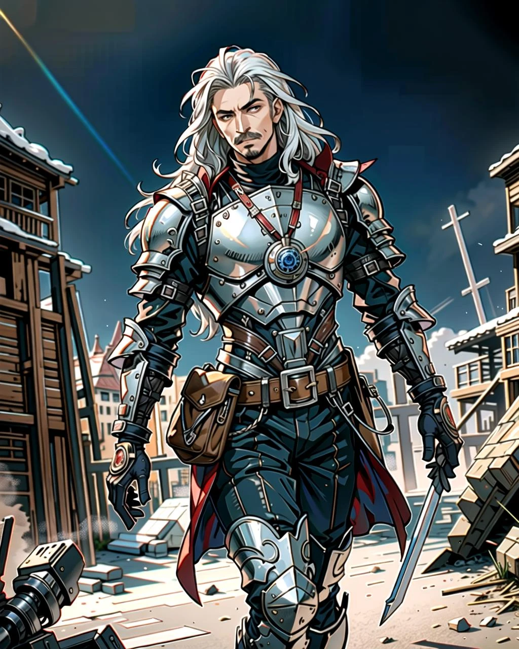 ((masterpiece), best quality, high quality, professional quality, highly detailed, highres, perfect lighting, natural lighting), (1boy, slender, handsome, mustache, long hair, white hair), wearing armor, fighting, outdoors