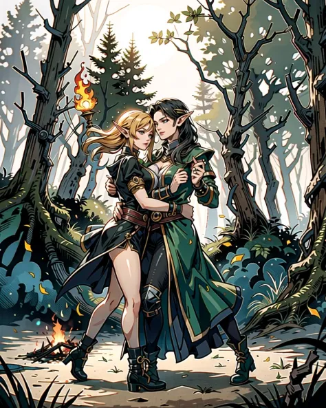 ((masterpiece), best quality, high quality, professional quality, highly detailed, highres, perfect lighting, natural lighting), group of elves, dancing, bonfire, in forest, surrounded by large trees