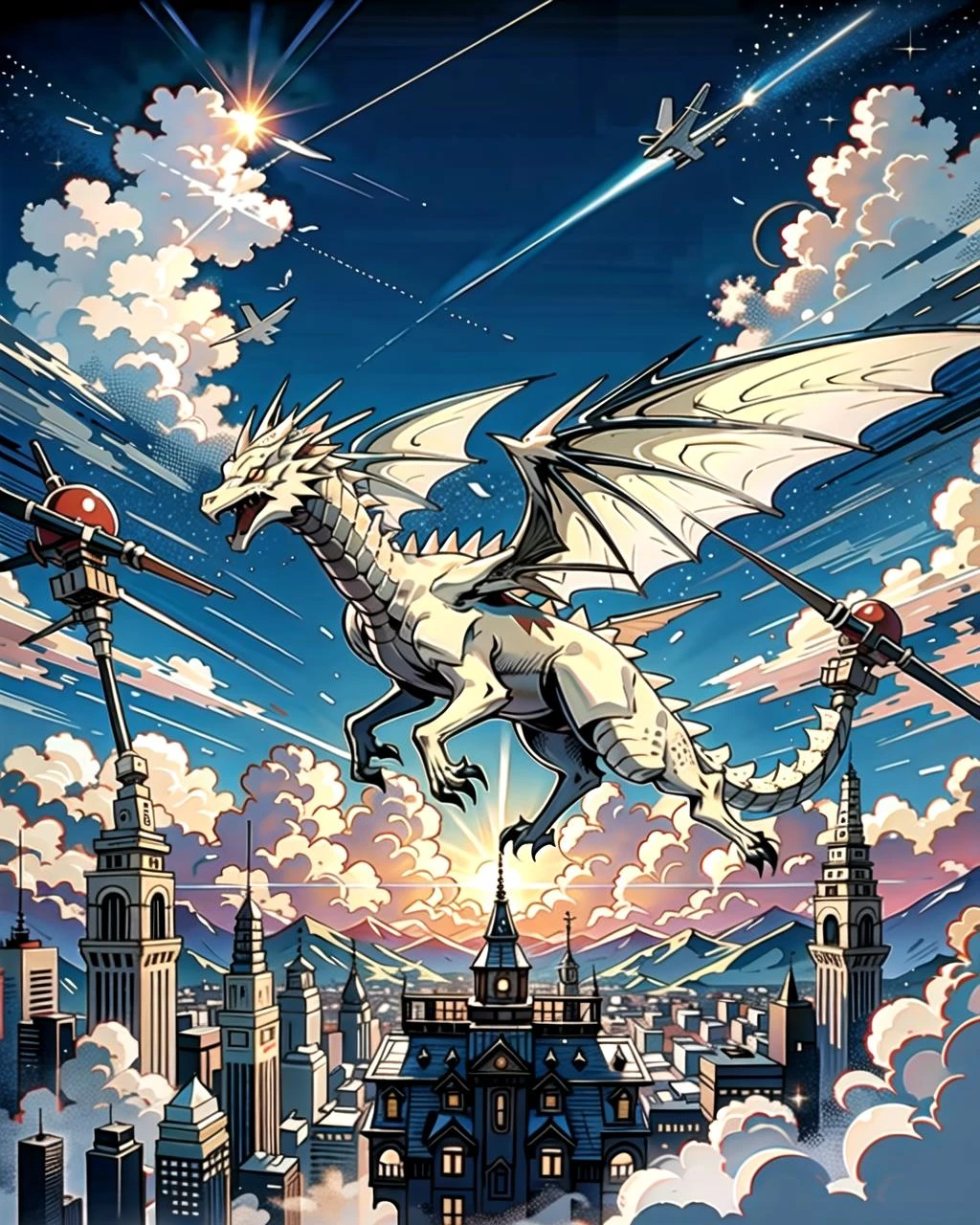 ((masterpiece), best quality, high quality, professional quality, highly detailed, highres, perfect lighting, natural lighting), white dragon, flying in sky, clouds, day