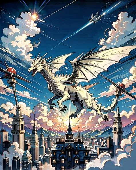 ((masterpiece), best quality, high quality, professional quality, highly detailed, highres, perfect lighting, natural lighting), white dragon, flying in sky, clouds, day