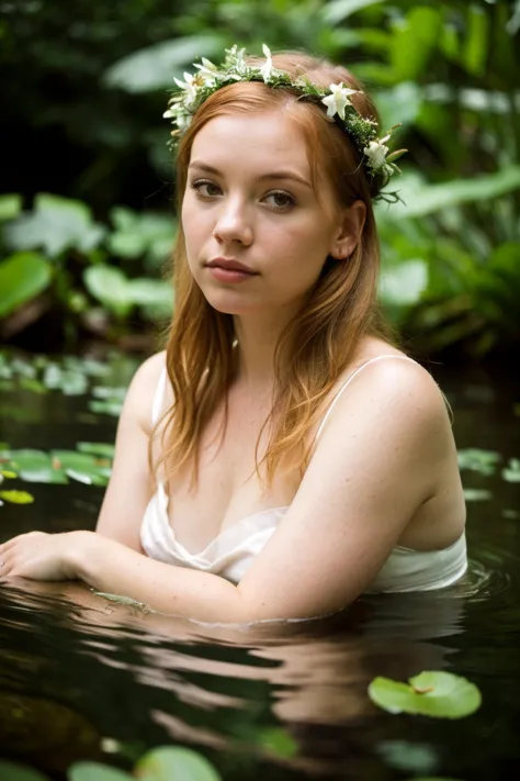 forest lily pond, ginger woman relaxing in water, nervous expression, upper body portrait, sheer white cloth, natural, flower cr...