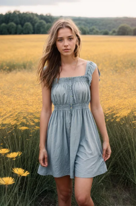 highly-detailed, (photo of a 20 yo woman with summer dress) in dandelion field,by lee jeffries, nikon d850, film stock photograp...