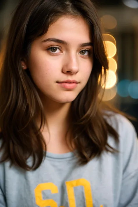 a beautiful college girl, brunette, close-up, girl next door, baggy clothes, night, interior, messy hair, film grain, retro, (bo...