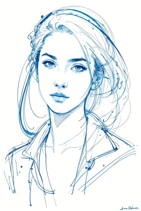 a drawing of a woman with a blue hair and a jacket