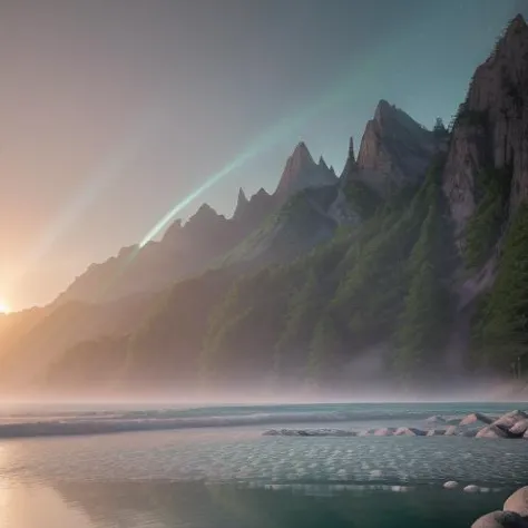 a close up of a body of water near a mountain range