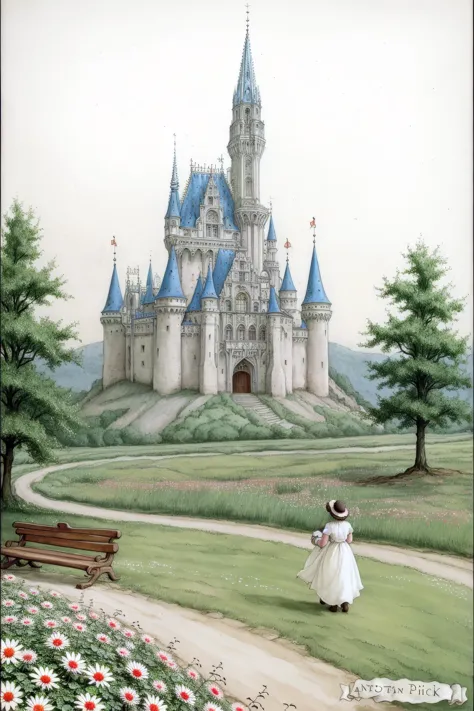 painting of a woman in a white dress walking in front of a castle