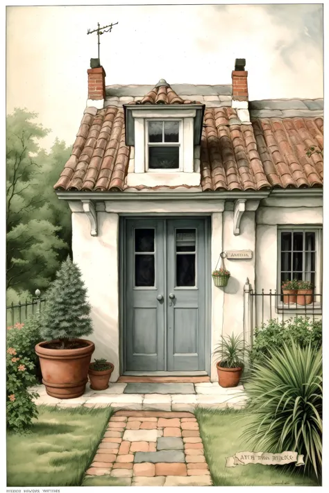 painting of a house with a blue door and a brick walkway