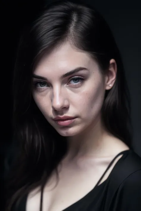Masterpiece, (cinematic lighting:1.1), front view, [portrait], low-key lighting, eye focus, photo of (pale skin girl), wearing black shirt, perfect face, glaring blue eyes, [gothic makeup], pouting seductively, (detailed skin), [[[light freckles]]], [[[imp...