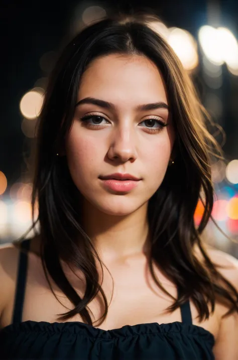 instagram photo, closeup face photo of  a young french in dress, beautiful face, makeup, night city street, bokeh, motion blur