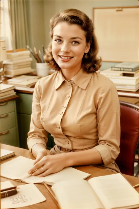 vintage candid photo from 1955 of a woman in her office clothes, tv scene from mad men, happy, light brown hair, solo